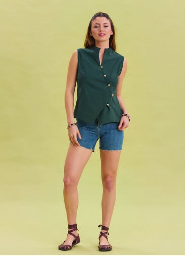 V Neck Cross Button Green Summer Blouse 4548